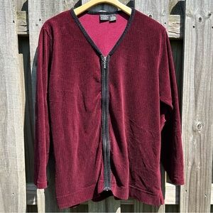 Vintage York Harbor Woman Burgundy Zipper Front Cardigan Chevron Design